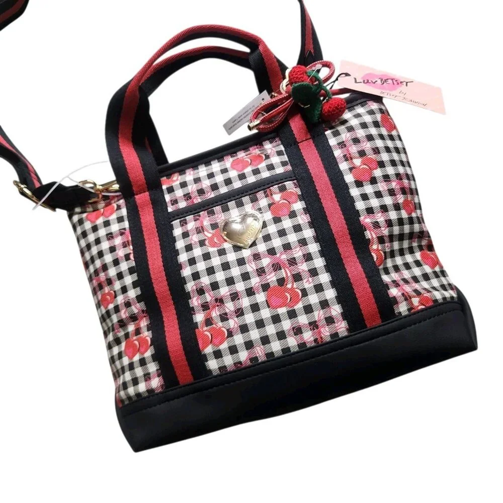 Betsey Johnson Cherry Gingham Tote Bag Black Red w/ Crossbody Strap NWT